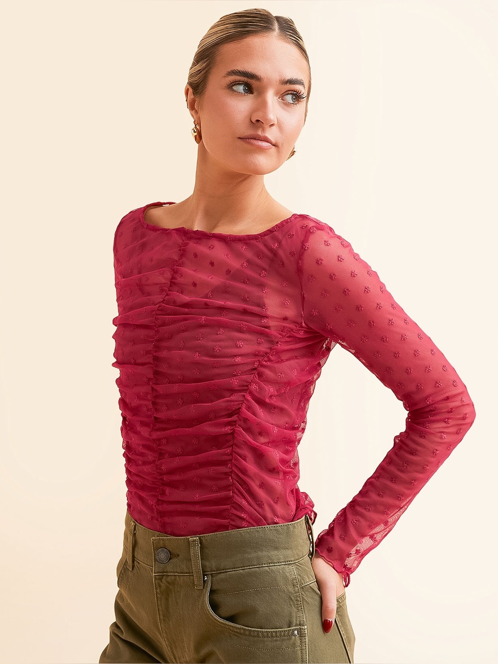 Free People Ruched Mesh Long-Sleeve Top Layering shirt small pink